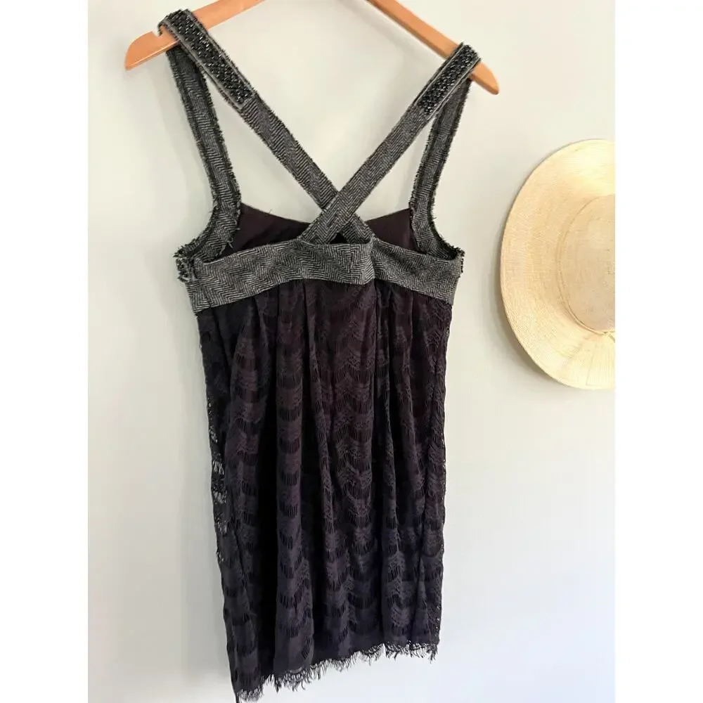 Free People | All The Right Moves Gray and Black Beaded Tweed Lace Dress | Sz 4